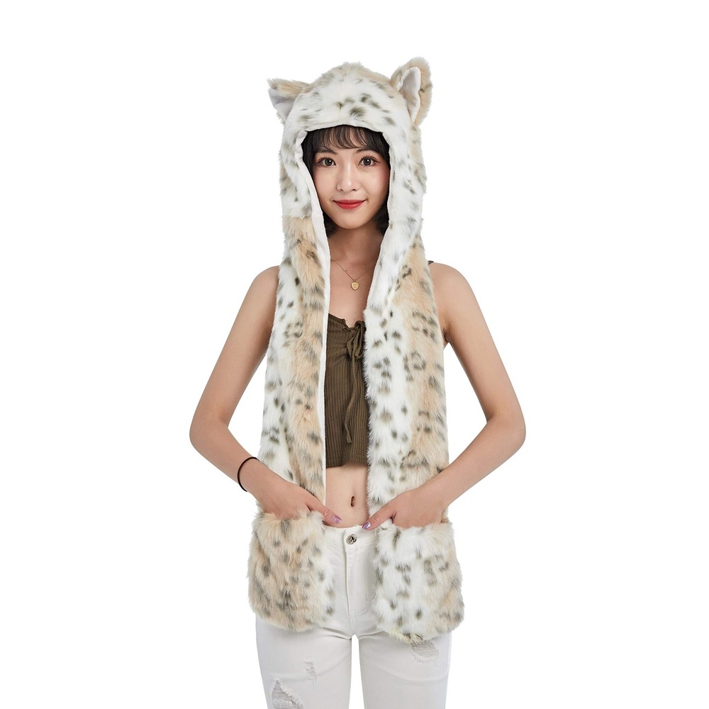 LED Light Up Snow Leopard Hat Scarf Gloves Faux Fur Spirit Hood w/ Paws Cosplay - Picture 2 of 9